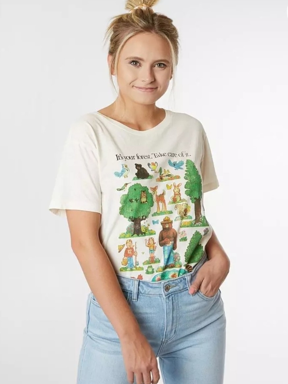 Forever 21 Cream Short Sleeve Smokey The Bear Forest Graphic Tee